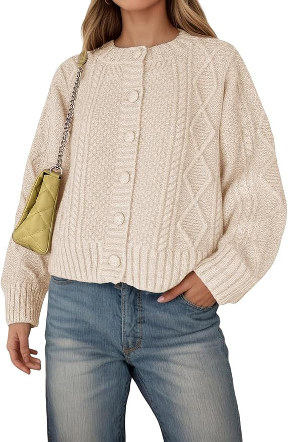 Saodimallsu Womens Cable Knit Cardigan Button Down Crew Neck Long Sleeve Loose Fall Trendy Sweate... | Amazon (US)