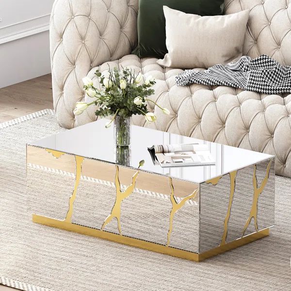 Dalee 39''W Mirrored Block Glass Rectangle Coffee Table With Unique Crackle Design | Wayfair North America