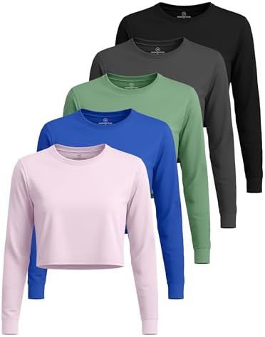 Real Essentials 5 Pack: Women's Dry-Fit Long Sleeve Crop Top - Running Workout Gym Athletic Crew ... | Amazon (US)
