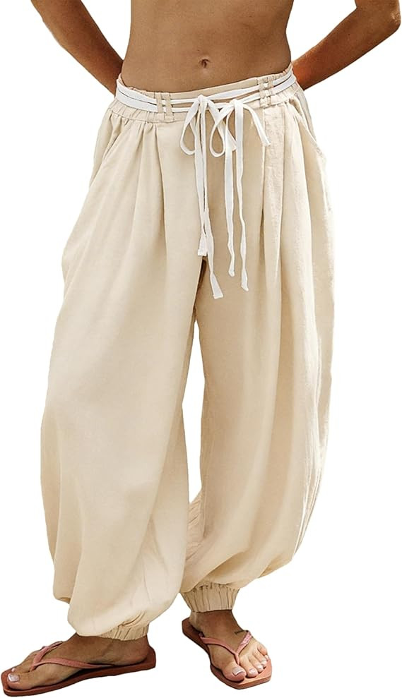 Lumsiter Womens Linen Harem Pants with Drawstring Elastic Waist Wide Leg Trousers Casual Baggy Pa... | Amazon (US)
