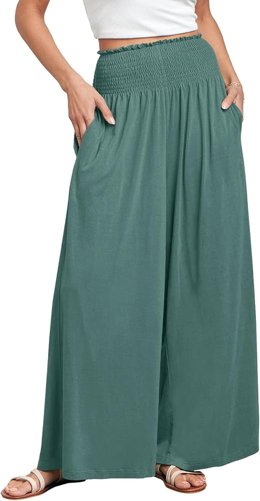 ANRABESS Women Palazzo Pants Summer Boho Bagyy Wide Leg High Smocked Waist Casual Loose Lounge Pa... | Amazon (US)