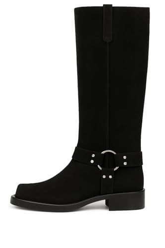 FIFSY Handmade Tall Black Suede Boots for Women – Square Toe Riding Style with Harness Accent, Low Heel, Side Zipper, Soft Lining, Stylish Durable Biker Boots – Size 8.5 | Amazon (US)
