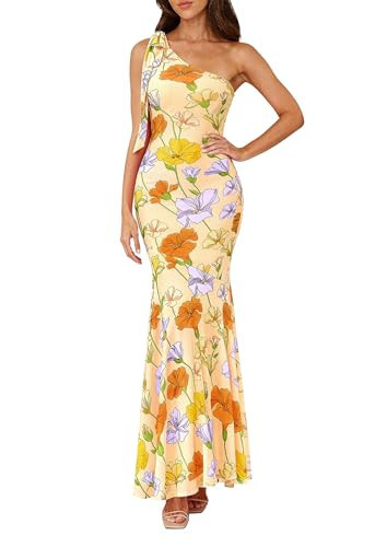 PRETTYGARDEN Womens Summer One Shoulder Maxi Dress 2026 Floral Sleeveless Bodycon Mesh Long Beach Vacation Sun Dresses (Floral Apricot,Large) | Amazon (US)