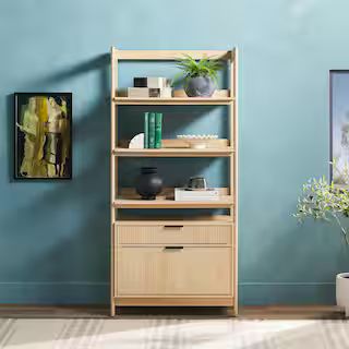 Modern 70 in. Tall Coastal Oak Wood 4-Shelf Bookcase with Reeded Drawer Fronts and Open Back | The Home Depot