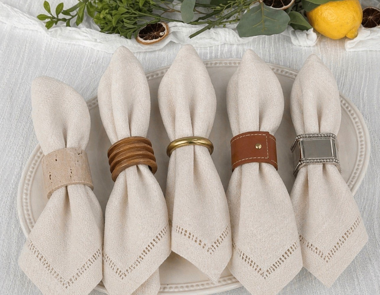 Napkin ring decor, leather napkin ring, silver napkin ring, gold napkin ring, travertine napkin ring, wood napkin ring, beige napkins, eyelet napkins

#LTKHome #LTKSeasonal