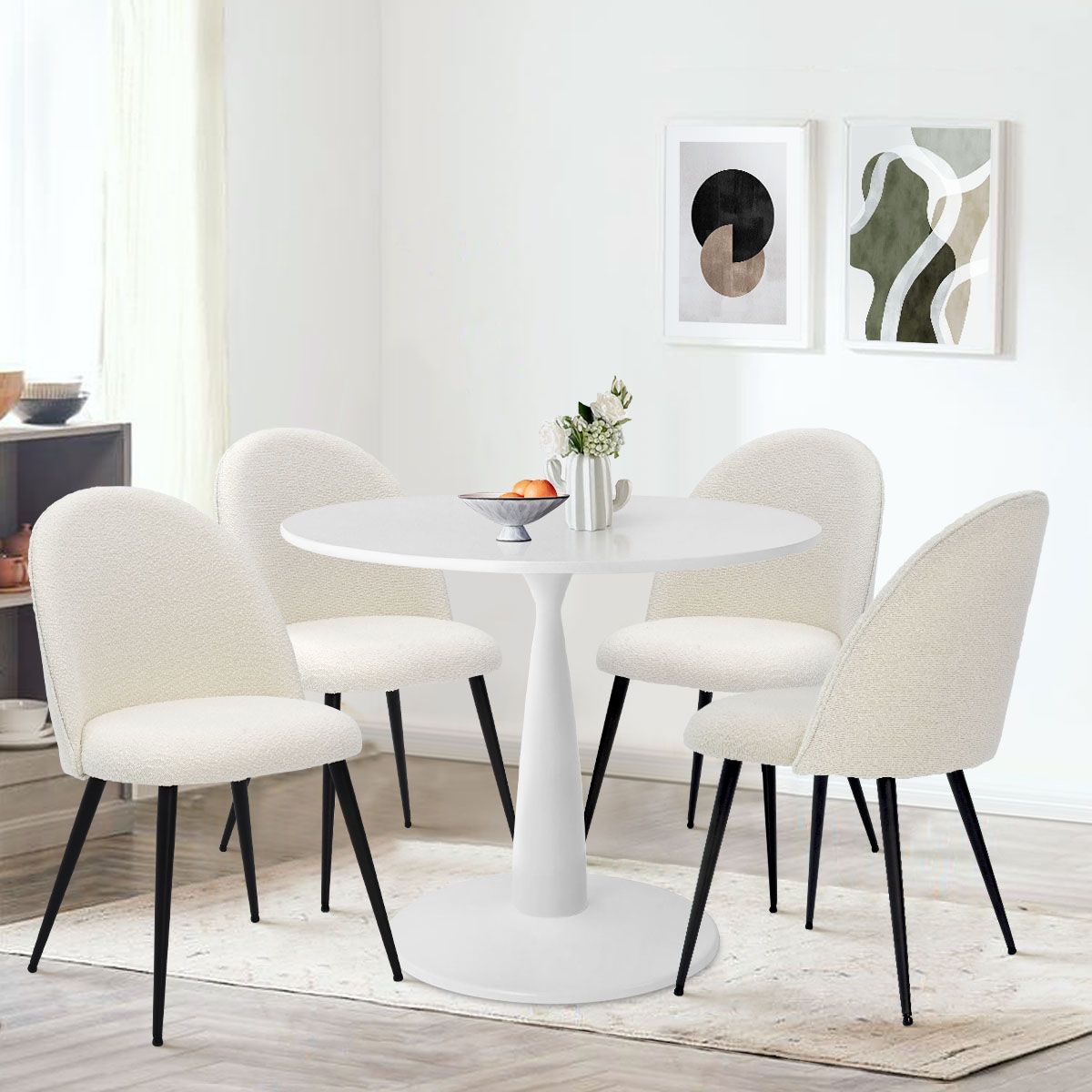 White Round Dining Table Set For 4,Round Pedestal Dining Table 35" With 4 Upholstered Boucle Dini... | Target