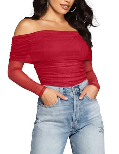 SAUNGKUAI Women's Off The Shoulder Long Sleeve Bodysuit Sexy Slimming Body Suit Tops Sheer Mesh Ruched Fall Outfits 2025 Red XXL | Amazon (US)
