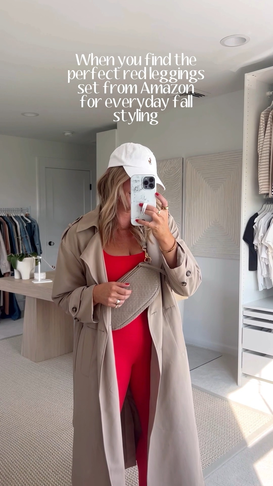 Red legging athleisure loungewear busy mom outfit ideas - fall capsule wardrobe 