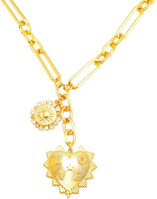 Sun Heart Charm Necklace for Women Girls Thick Chain Heart Pendent Necklace 18K Gold Plated Choke... | Amazon (US)