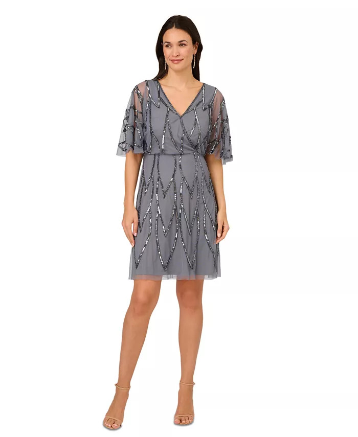 Adrianna Papell Women's Beaded Mesh Flutter-Sleeve Dress - Macy's | Macy's