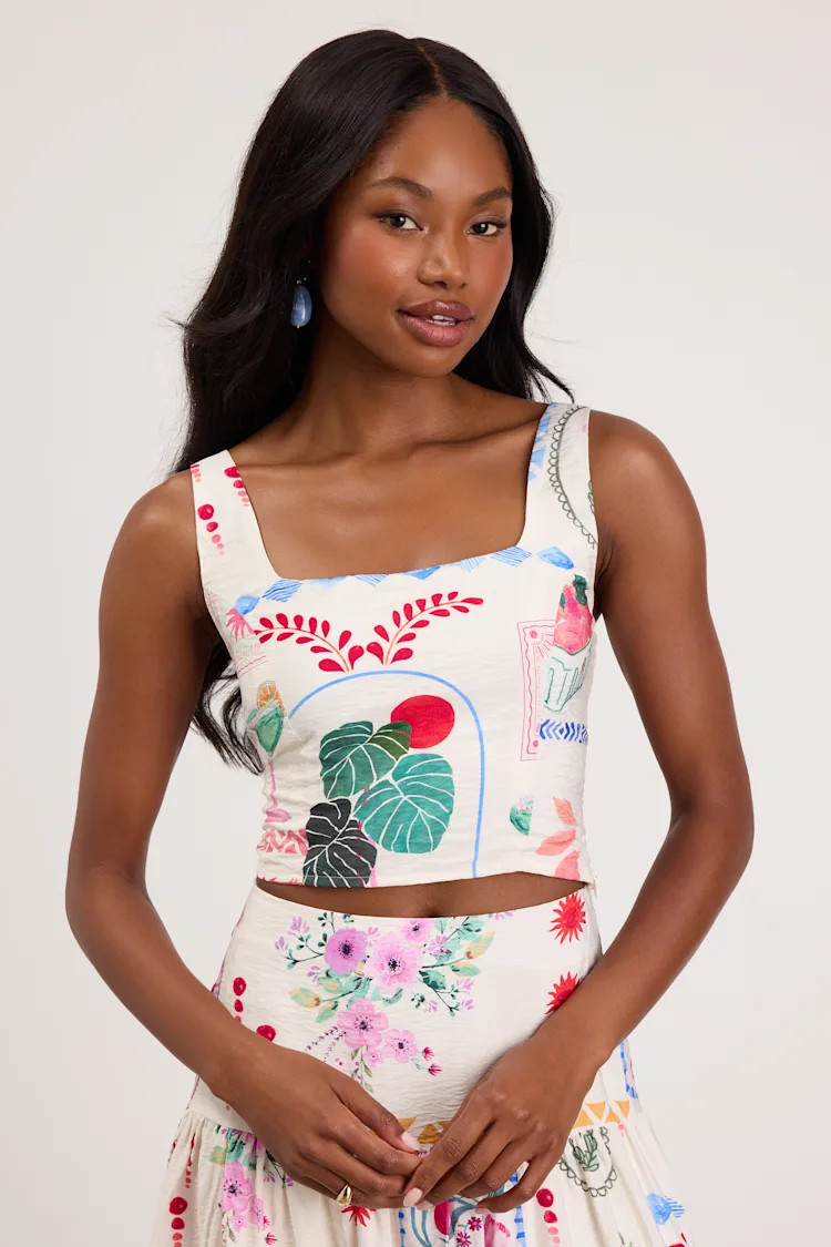 Fabella White Multi Print Textured Tank Top | Lulus