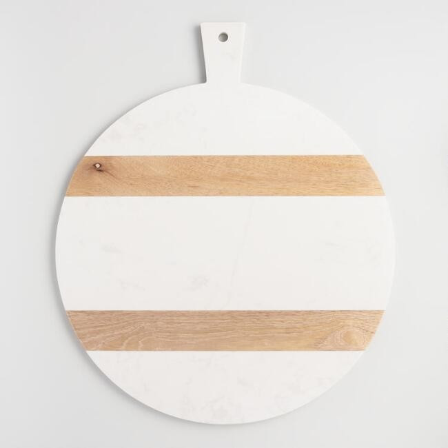 Large Round White Marble and Wood Paddle Cutting Board | World Market