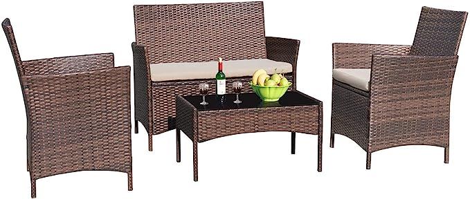 Greesum GS-4RCS8BG 4 Pieces Patio Outdoor Rattan Furniture Sets, Brown and Beige | Amazon (US)