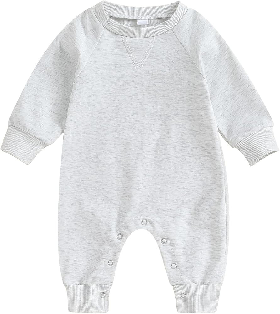 Newborn Baby Boy Girl Clothes Solid Color Romper Jumpsuit Crewneck Long Sleeve One Piece Coverall... | Amazon (US)