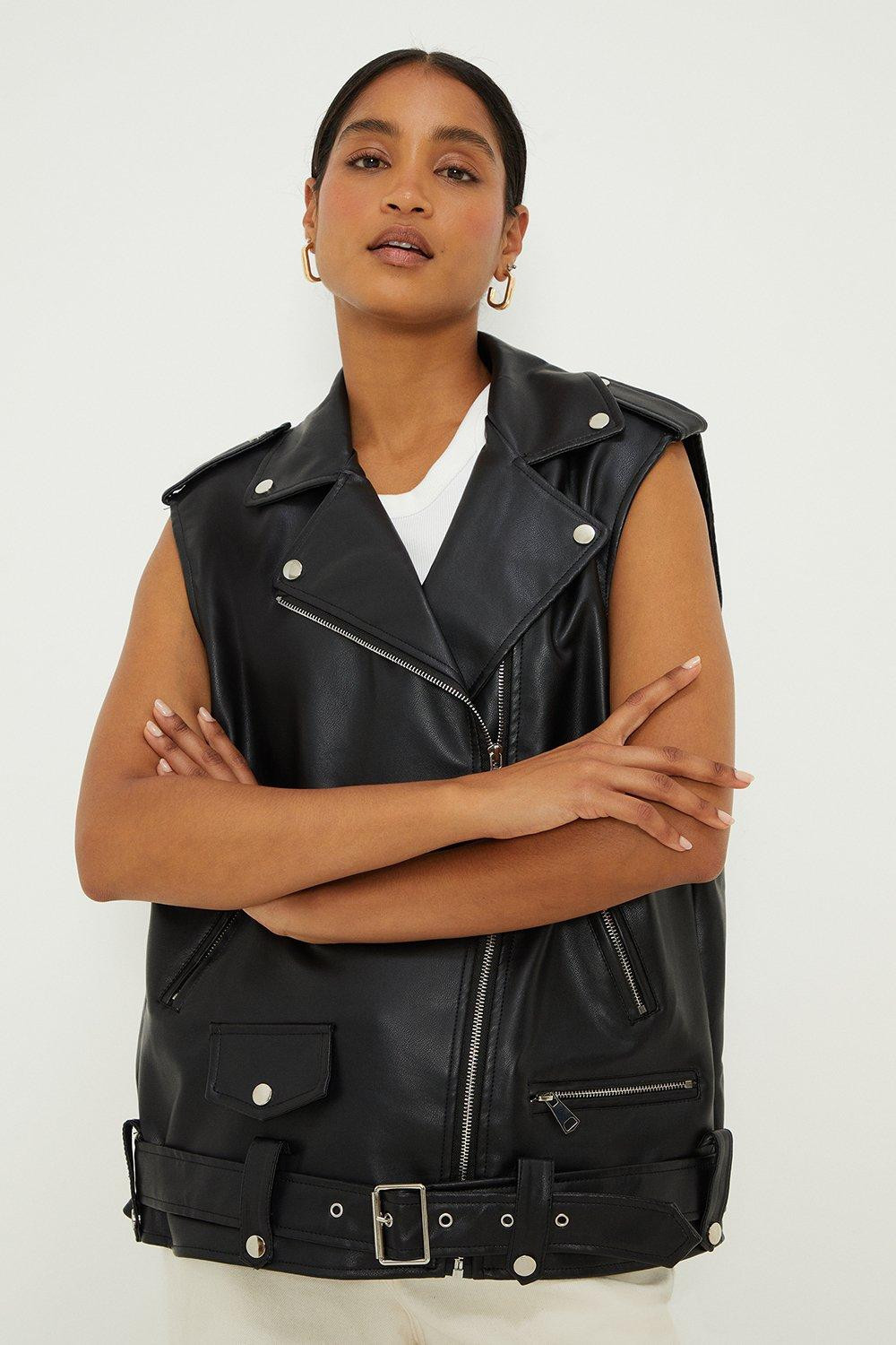 Jackets & Coats | Longline Sleeveless Faux Leather Biker | Dorothy Perkins | Dorothy Perkins (UK)