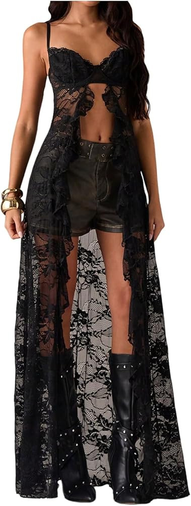 WDIRARA Women's Long Corset Lace Camisole Tops High Split Ruffle Cami Top Y2k Festival Outfits | Amazon (US)