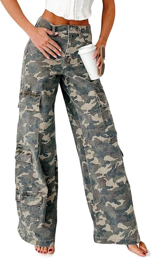 loveimgs Women Casual Camo Print Denim Pants Y2k Wide Leg Cargo Jeans Flare Distressed Camouflage... | Amazon (US)