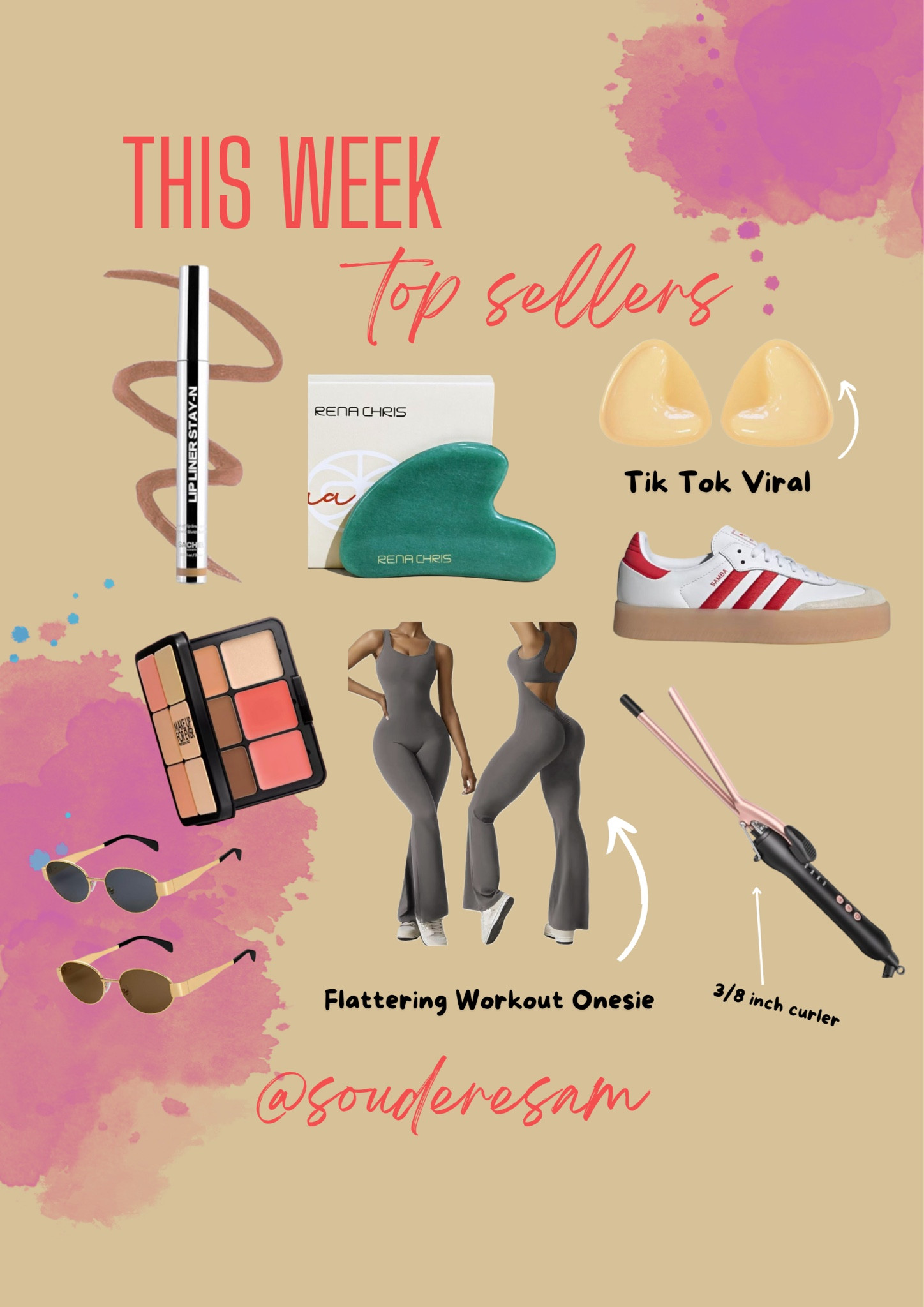 The weak top sellers: Gua sha, workout flare leg jumpsuit, the 3/8 inch curler, lip stain, and awesome new travel makeup palette are some of your favs!! 