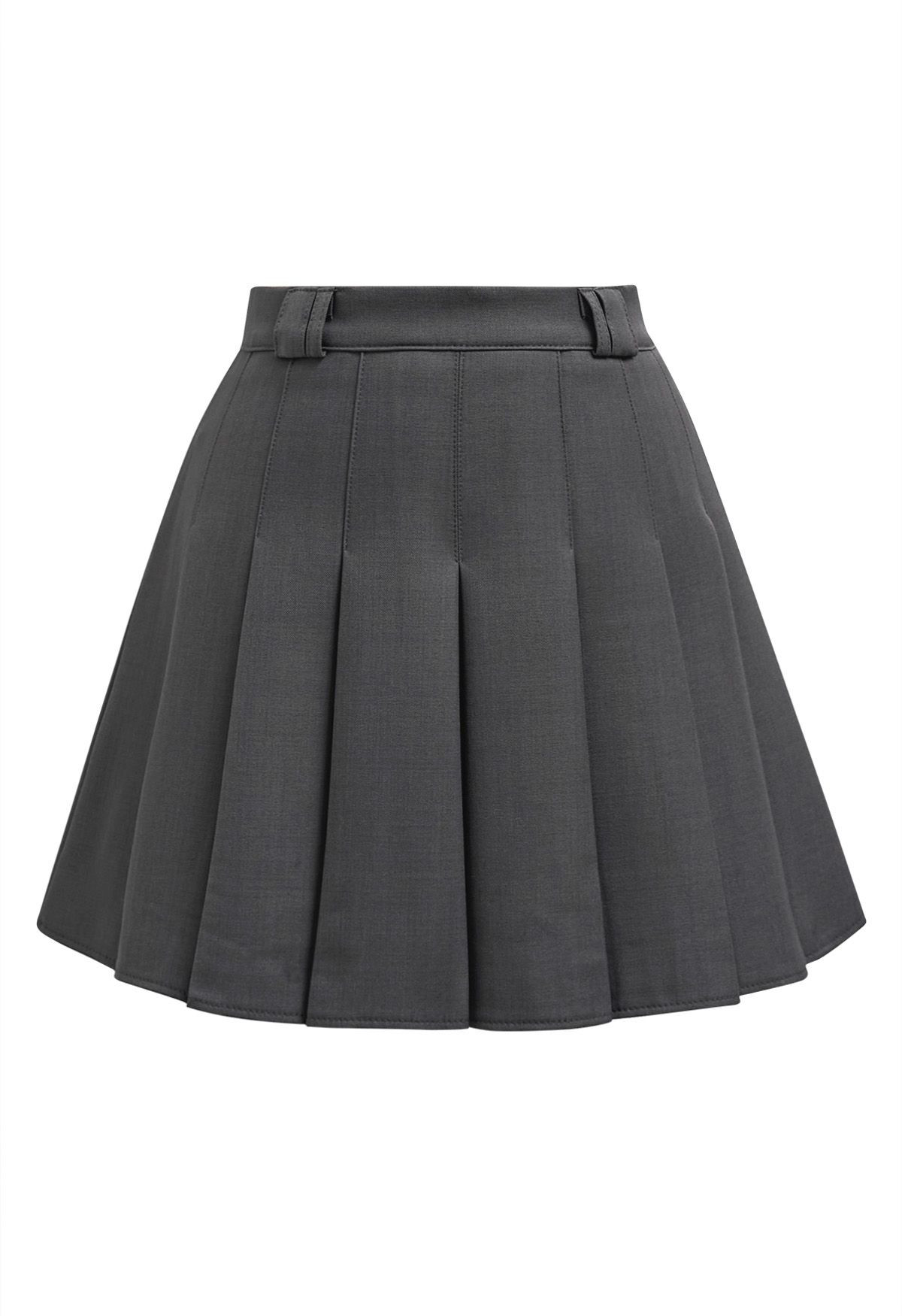 Preppy High Waist Pleats Belt Mini Skirt in Smoke | Chicwish