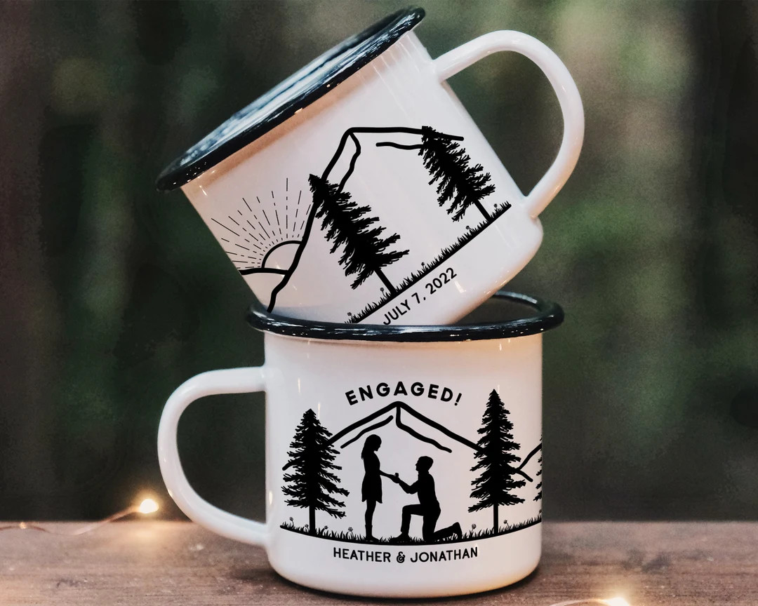 Engaged Couple Personalized Camp Mug || hiking mug, campfire mug, customizable enamel mug, engage... | Etsy (US)