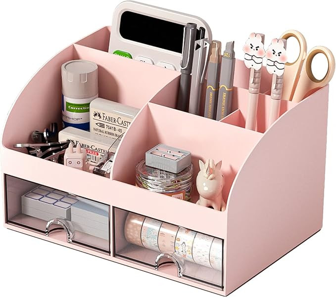 COMFYROOM Desk Organizer with 6 Compartments and 2 Drawers, Plastic Makeup Organizer, Pen Holder ... | Amazon (US)