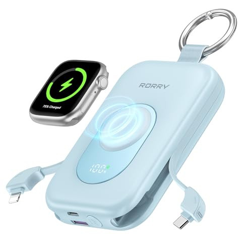 RORRY Portable Charger, 20000mAh PD 30W Portable Charger Power Bank with 2 Built-in Cables, Super Fast Charging Battery Pack with Keychain, Travel Essentials for iPhone, Apple Watch, iPad, Blue | Amazon (US)