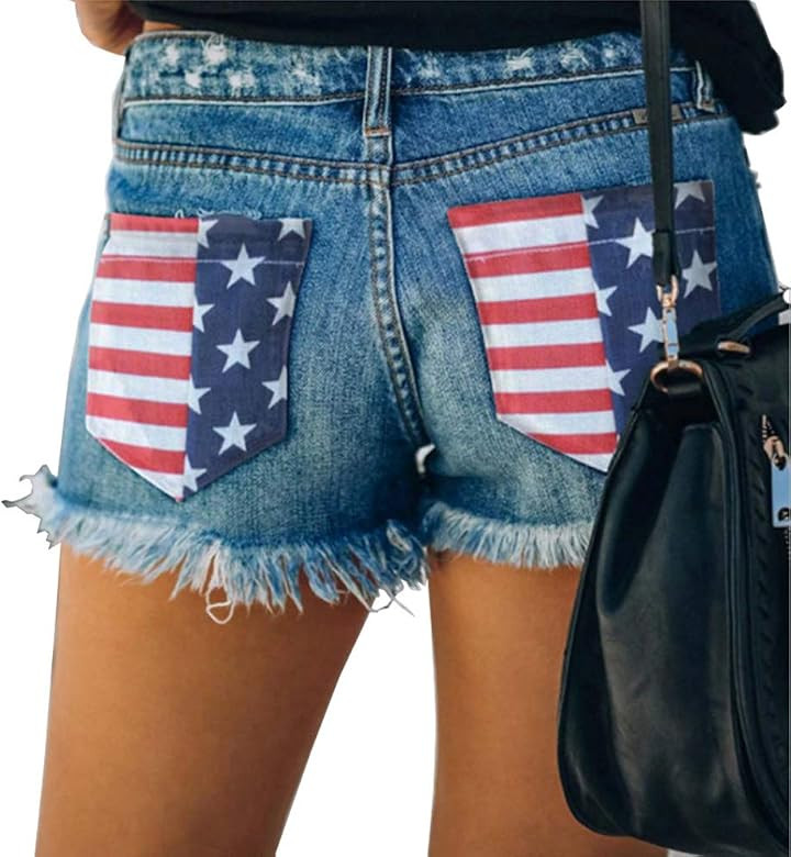 QJBMEI Women's Ripped American Flag Printed Denim Shorts High Waisted Frayed Raw Hem Casual Jeans Sh | Amazon (US)
