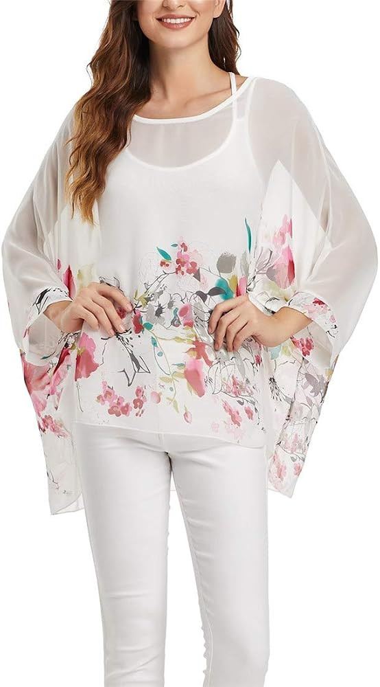 Womens Floral Print Batwing Sleeve Boho Blouse Chiffon Poncho Summer Tunic Tops | Amazon (US)