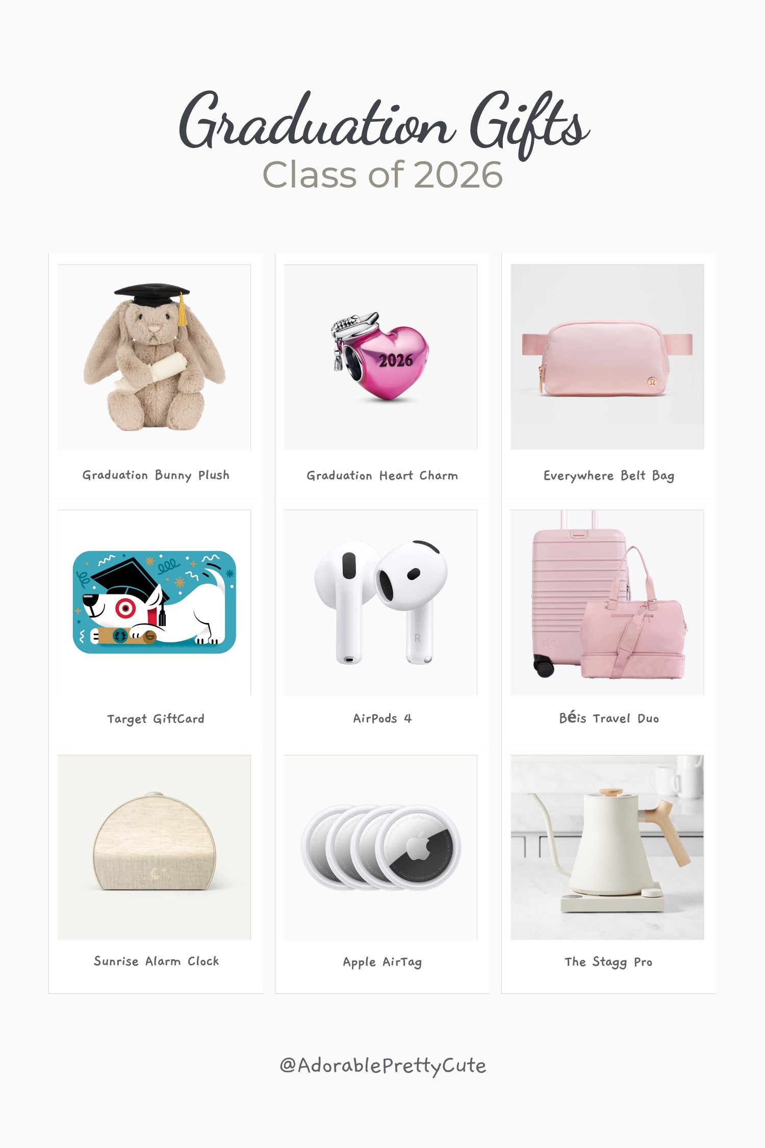 Best Graduation Gifts 2026｜Cute, Practical & Dorm-Ready Picks 🎓💗
A mix of sentimental keepsakes and genuinely useful gifts — from a graduation bunny and pink heart charm to AirPods, a weekender, a carry-on, and dorm-friendly essentials. Thoughtful, giftable, and easy to imagine them actually using long after graduation day.
#BestGraduationGifts #GraduationGiftIdeas #ClassOf2026 #GraduationGift #GraduationBunny #DormEssentials #GiftForGraduates #PersonalizedJewelry #PandoraCharm #AirPods #BeltBag #WeekenderBag #CarryOn #SleepClock #FellowStagg  #ElectricKettle #AirTag #CongratsGrad #LTKFinds #LTKhome 

 #LTKtravel #LTKkids #LTKgiftguide