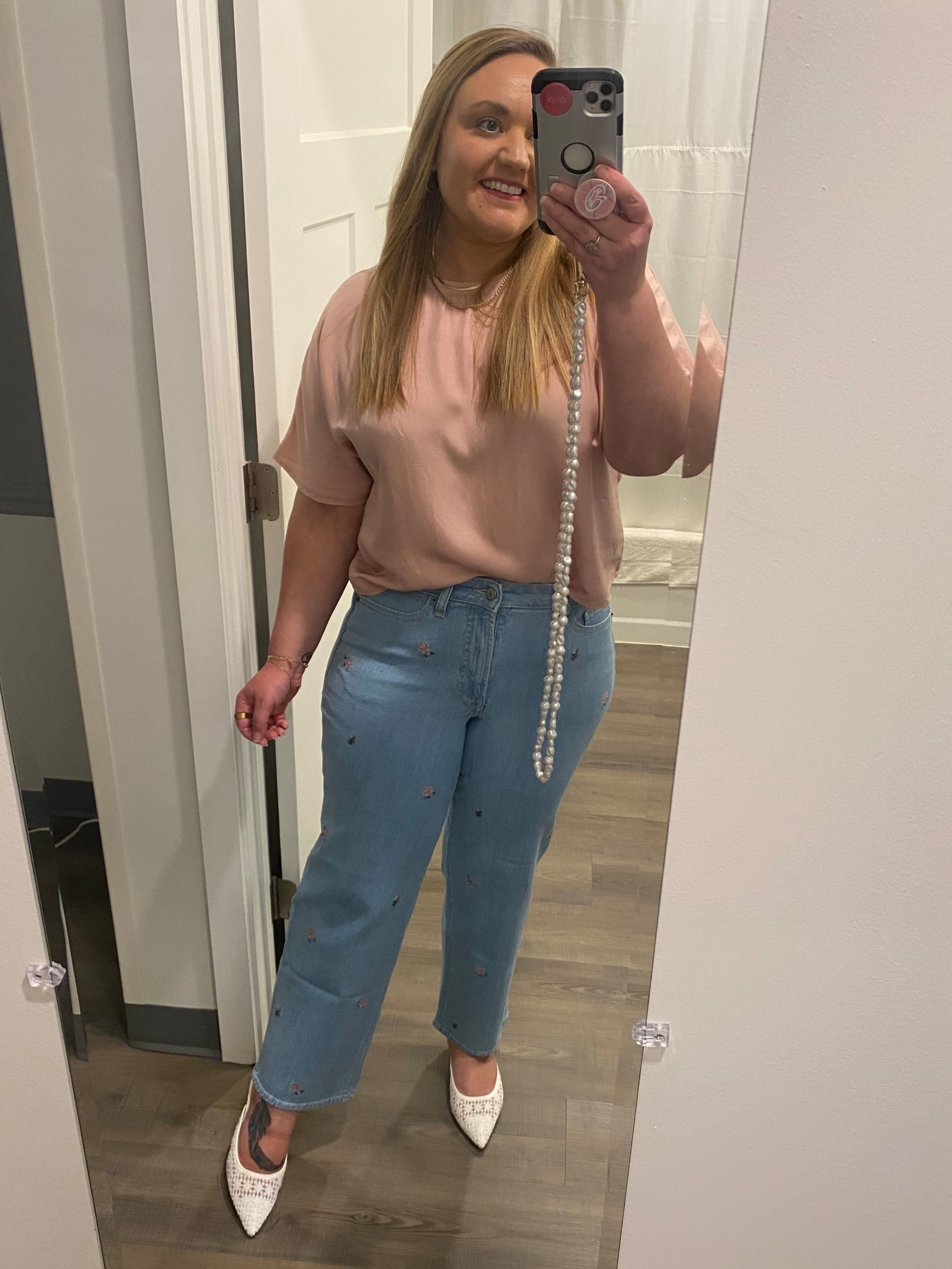 Spring outfit, floral jeans, old navy jeans, satin top, pink top, mule heels, kitten heels, casual Friday, pink and blue, light denim, embroidered jeans, floral heels, church outfit, brunch outfit, petite jeans 

#LTKFindsUnder50 #LTKShoeCrush #LTKMidsize