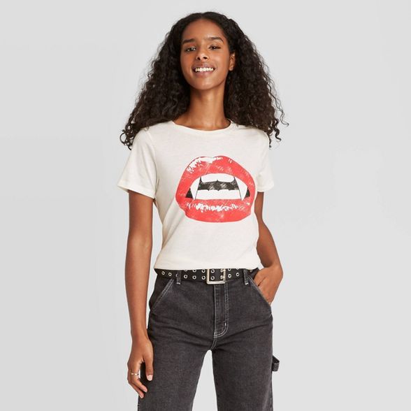 Women's Halloween Vampire Lips Short Sleeve Graphic T-Shirt - White | Target
