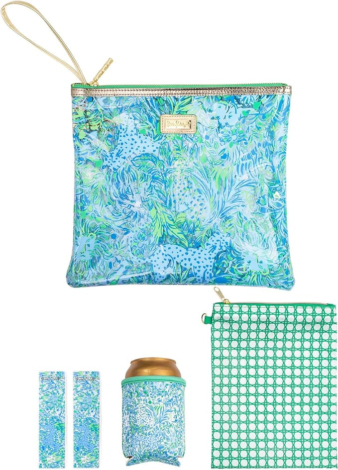 Lilly Pulitzer Water Resistant Vinyl Beach Day Pouch, Zipper Bag Includes Drink Hugger, Small Pou... | Amazon (US)
