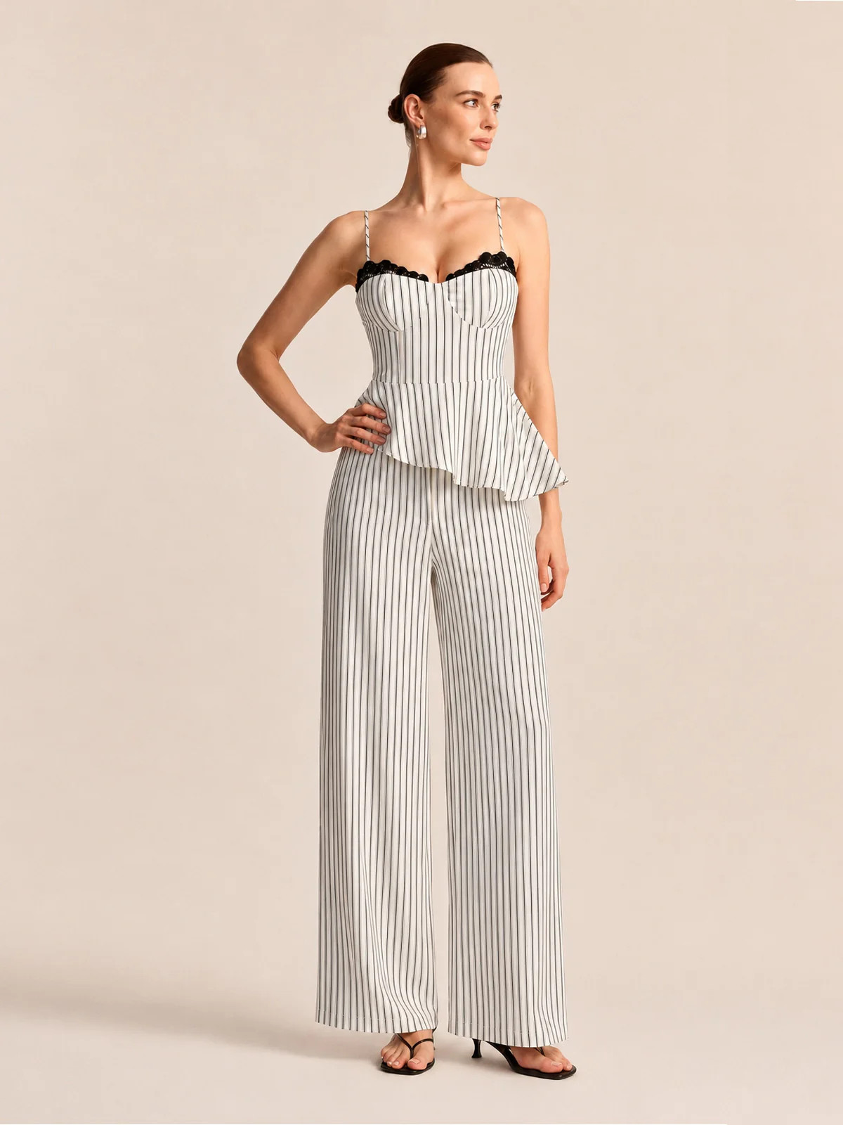Lace Trim Striped Peplum Top & Pants Set | Commense