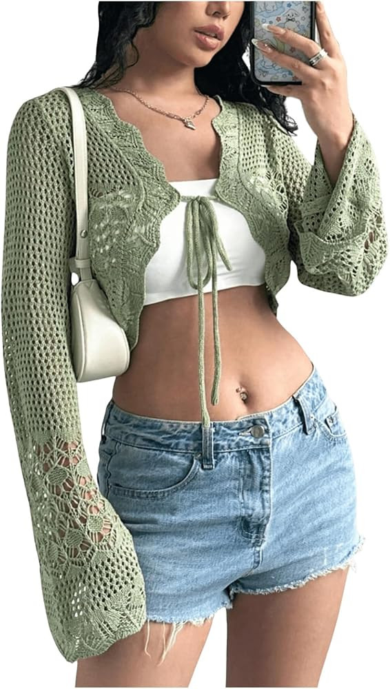 SHENHE Women's Hollow Out Tie Up Bell Sleeve Cropped Cardigan Sheer Crochet Shrug Bolero | Amazon (US)