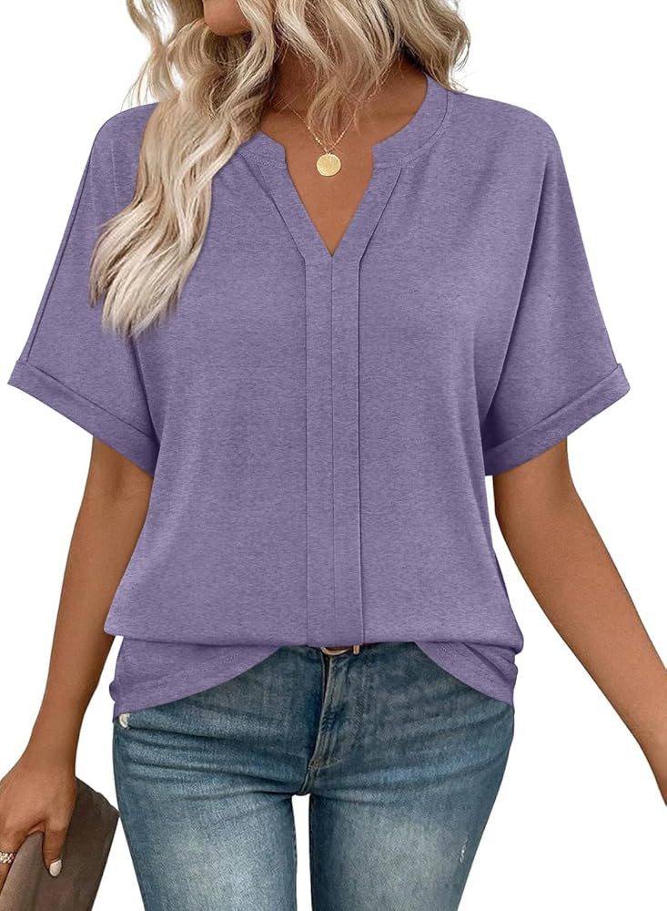 MIHOLL Womens Tops Dressy Casual Short Sleeve V Neck Pleated Tshirts Summer Oversized Loose Fit T... | Amazon (US)