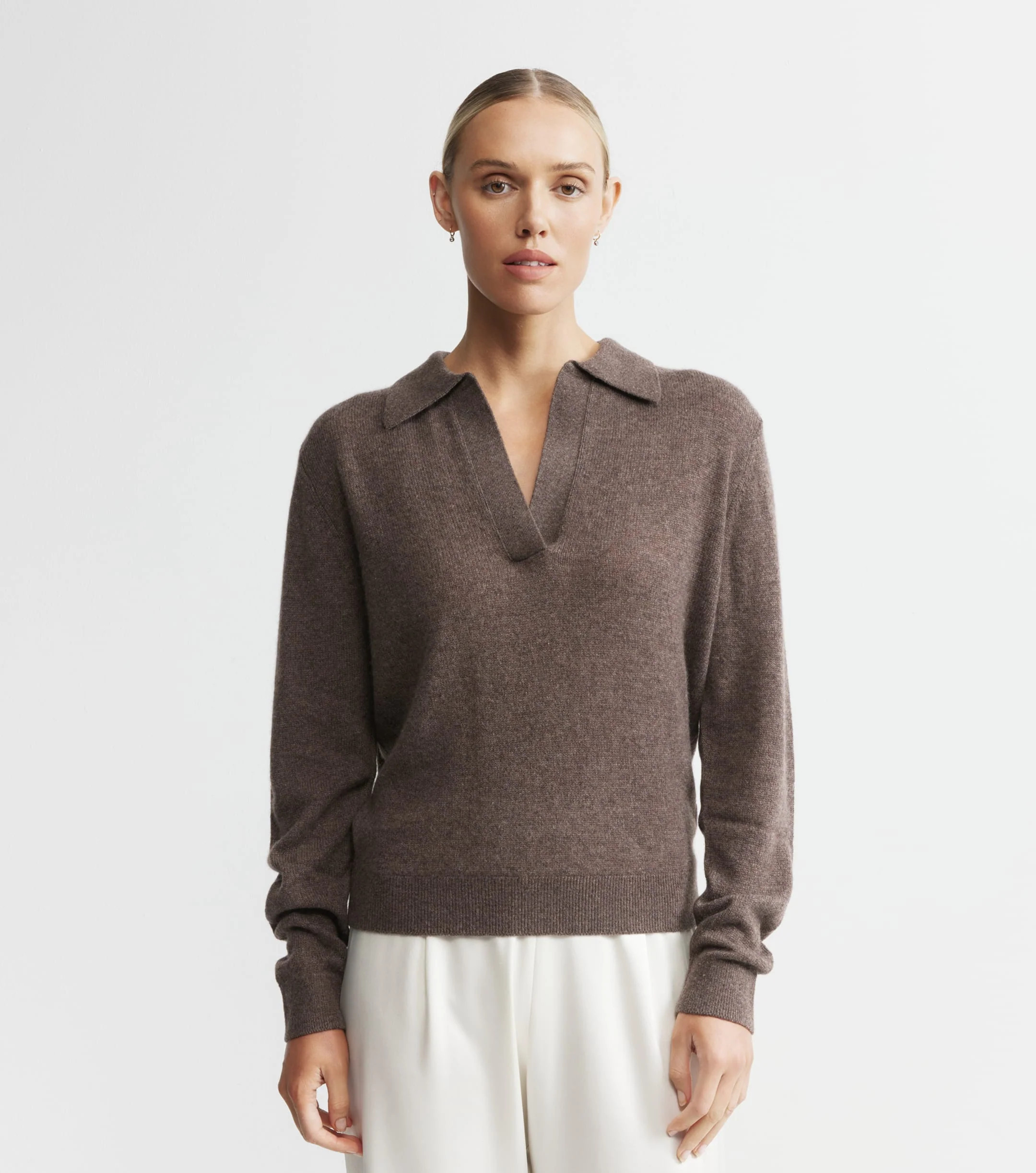 Featherweight Cashmere Polo - Brown Melange | Elle & Riley