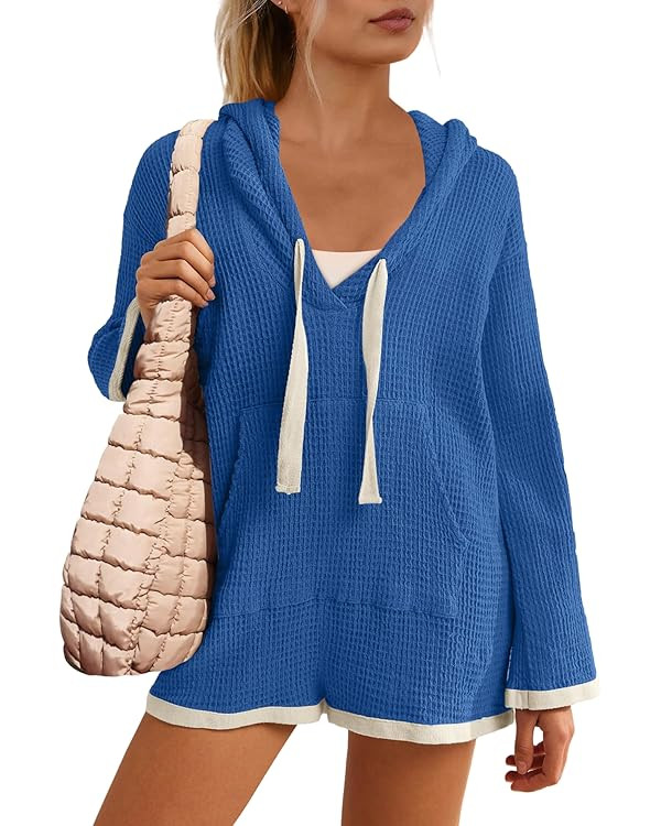 Yanekop Womens V Neck Romper Waffle Knit Jumpsuit Short Overalls Romper One Piece Jumper with Hoo... | Amazon (US)