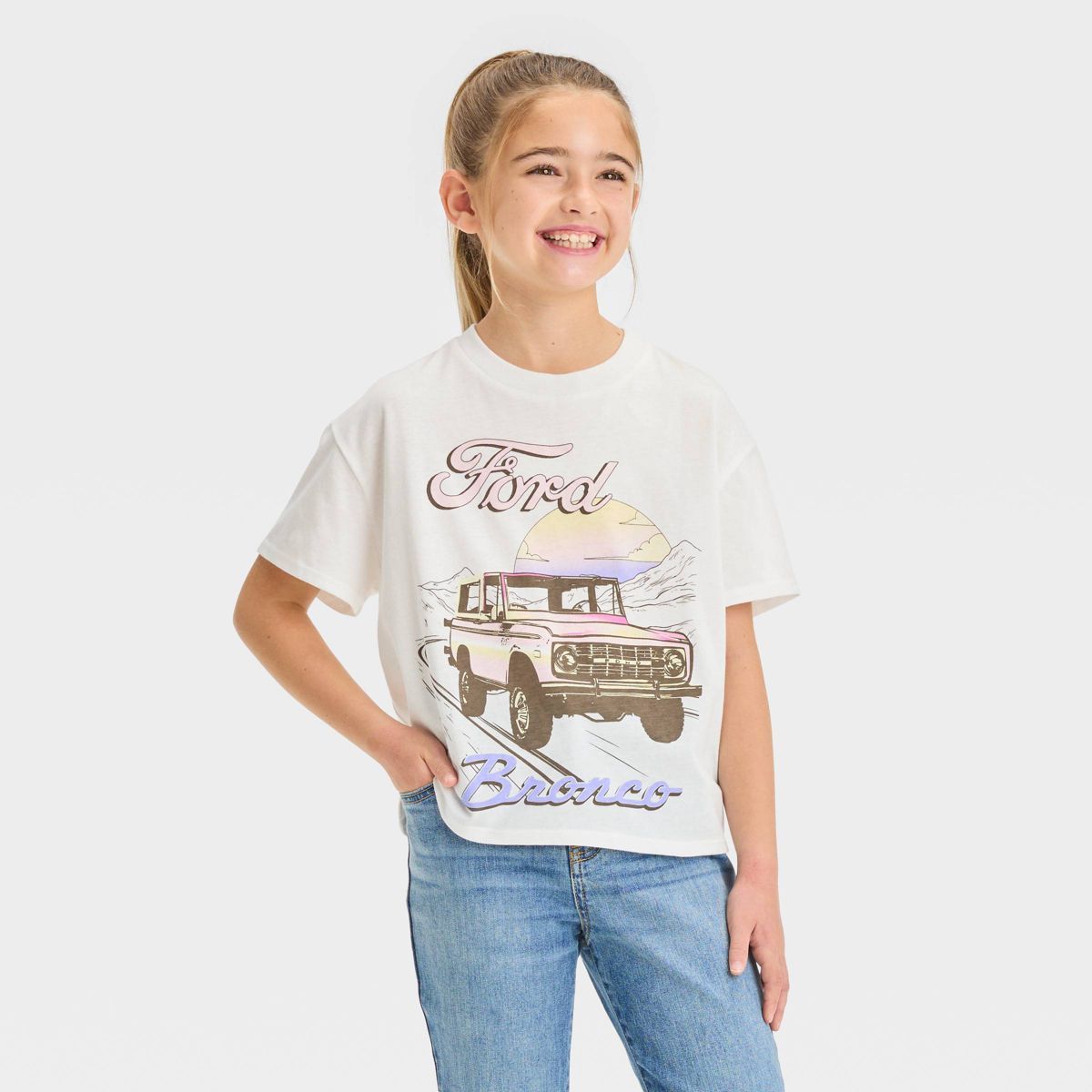 Girls' Ford Bronco Boxy Short Sleeve Cropped Graphic T-Shirt - Ivory M | Target