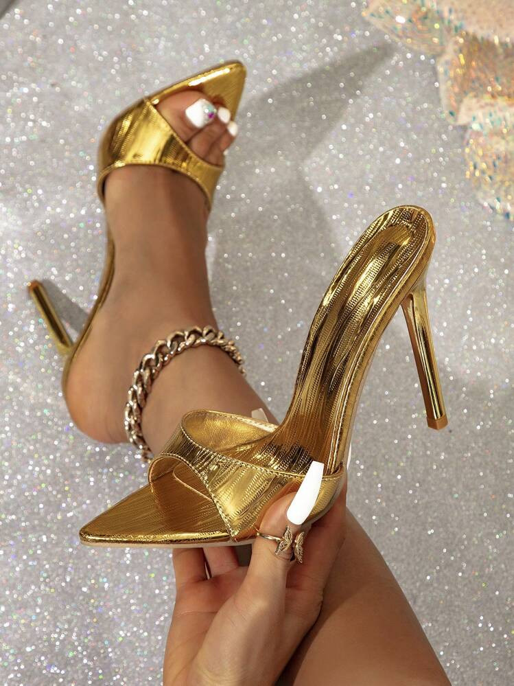 Women's Fashionable Pointed Toe Slip-On Pu Press Patterned Metallic High Heel Sandals With Thin H... | SHEIN