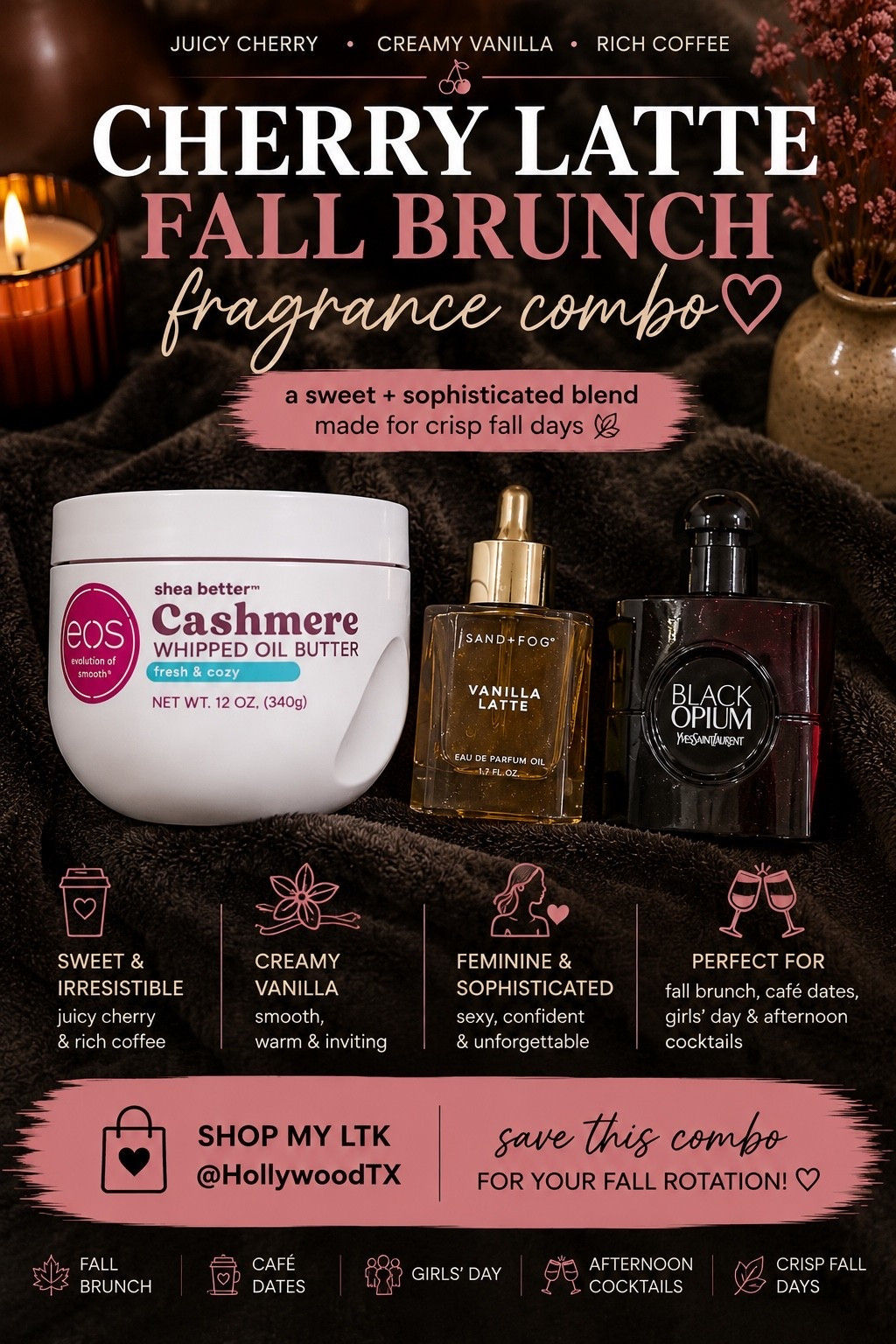🍒☕ Cherry latte, but make it fragrance.

I layered EOS Fresh & Cozy Whipped Oil Butter + Sand + Fog Vanilla Latte + YSL Black Opium Over Red for a sweet gourmand combo with creamy vanilla, rich coffee and that juicy cherry twist. It’s feminine, delicious and a little seductive without feeling too heavy for daytime.

This is PERFECT for fall brunch, café dates, girls’ day or afternoon cocktails. 🍂🥂 Save this combo for your fall rotation and shop all three on my LTK!

#LTKgrwm #LTKSeasonal #LTKBeauty