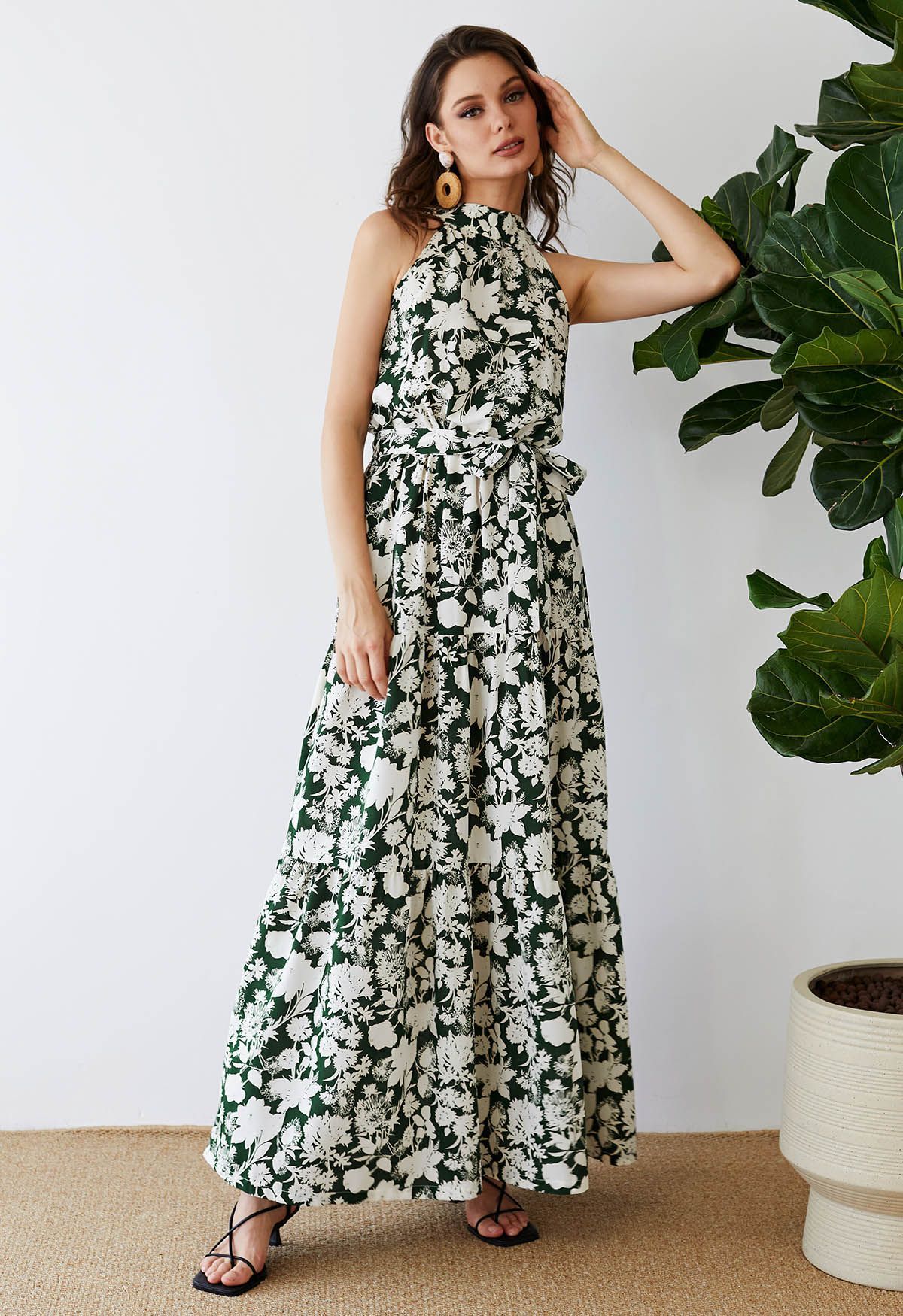 Halter Neck Tie Waist Maxi Dress in Green Floral | Chicwish