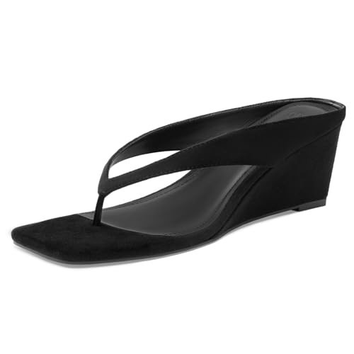 Athlefit Women's Low Wedge Sandals Trendy Dressy Square Open Toe Summer Beach Flip Flops Thong Heeled Sandals, Black Suede, Size 5.5, SAPS2613W | Amazon (US)