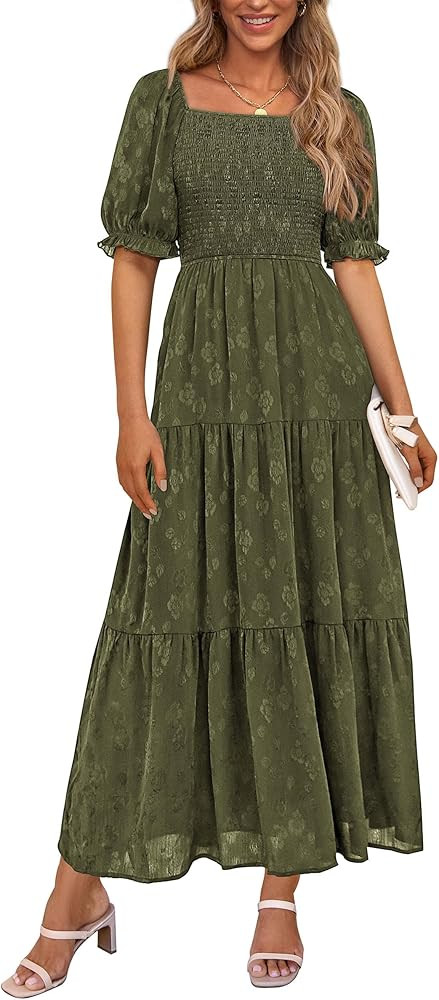 PRETTYGARDEN Women's 2026 Summer Casual Midi Dresses Square Neck Short Sleeve Smocked A Line Flor... | Amazon (US)