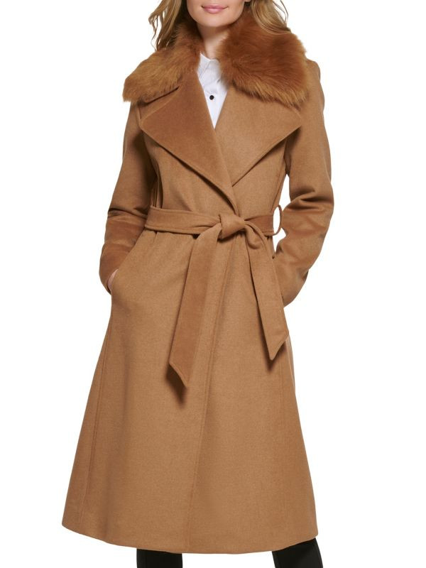 Karl Lagerfeld Paris ​Faux Fur Trim Belted Coat on SALE | Saks OFF 5TH | Saks Fifth Avenue OFF 5TH