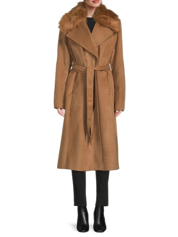Karl Lagerfeld Paris ​Faux Fur Trim Belted Coat on SALE | Saks OFF 5TH | Saks Fifth Avenue OFF 5TH