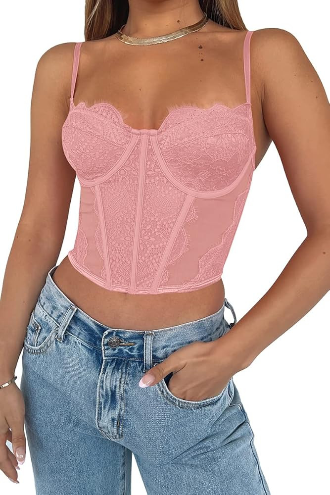 WYNNQUE Women's Sexy Lace Spaghetti Strap Corset Crop Top Y2K Mesh Vintage Going Out Fish Boned P... | Amazon (US)