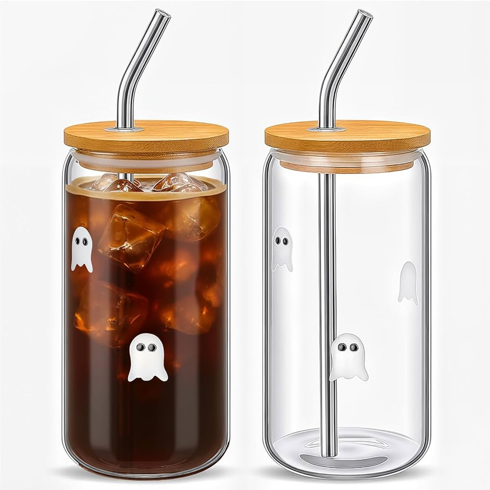 Honeydak 2 Pcs Ghost Icon Juice Glass Tumbler-18 oz Icon Can Shape Glass Cups with Lid and Straws... | Amazon (US)