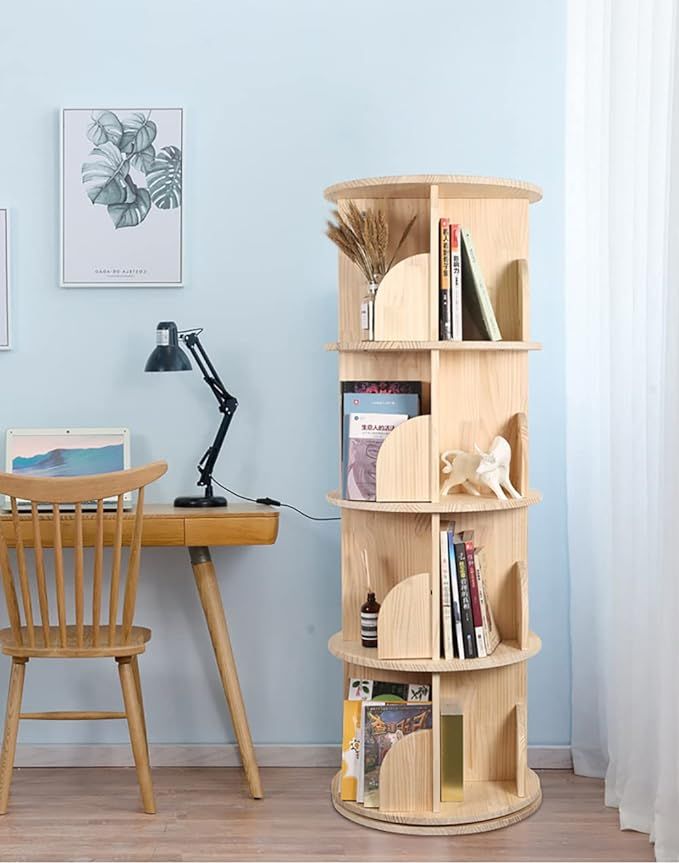 Rotating Bookshelf 360 Degrees, 4 Tier Stackable Solid Wood Bookshelf Organizer, Storage Display ... | Amazon (US)