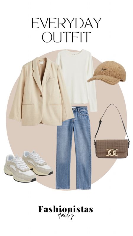 Casual & Sporty with a blazer, white basic tee, blue jeans, sneakers, teddy cap and small bag. 

#LTKstyletip #LTKSeasonal #LTKeurope