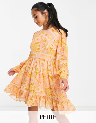 Ever New Petite lace insert mini dress in 70s ochre floral | ASOS | ASOS (Global)